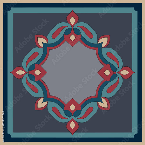 Geometric Patterned Design with Ornamental Motifs in Blue, Red and Beige