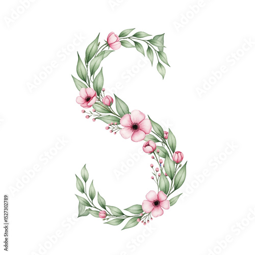 Floral alphabet S with watercolour flowers and leaf on a transparent PNG Background. Monogram initials perfect for wedding invitations, greeting card, logo, poster and other design