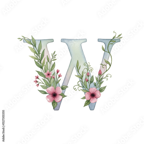 Floral gradient alphabet W with watercolour flowers and leaf on a transparent PNG Background. Monogram initials perfect for wedding invitations, greeting card, logo, poster and other design