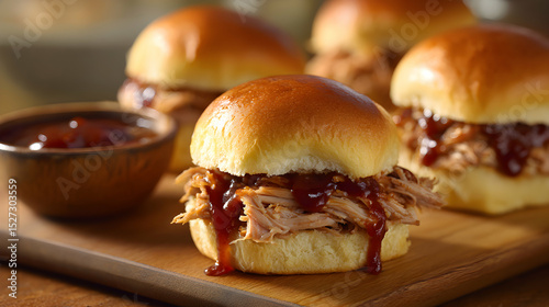 Pulled Pork Sliders With BBQ Sauce On Wooden Board Soft Lighting