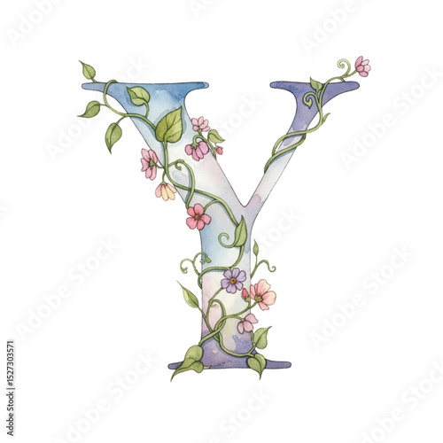 Floral gradient alphabet Y with watercolour flowers and leaf on a transparent PNG Background. Monogram initials perfect for wedding invitations, greeting card, logo, poster and other design