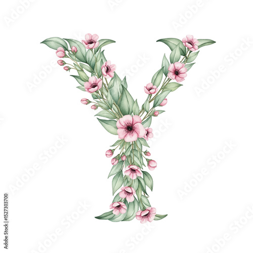 Floral alphabet Y with watercolour flowers and leaf on a transparent PNG Background. Monogram initials perfect for wedding invitations, greeting card, logo, poster and other design