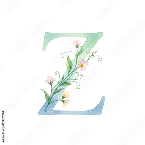Floral gradient alphabet Z with watercolour flowers and leaf on a transparent PNG Background. Monogram initials perfect for wedding invitations, greeting card, logo, poster and other design