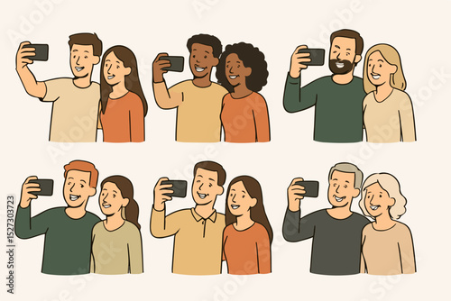 Vector Set People couples taking smartphone selfie together concept