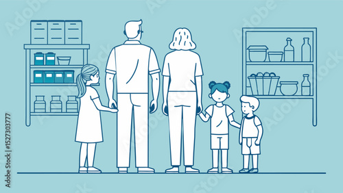 A line drawing of a family standing in front of an empty pantry with a caption that reads Limited Supplies Make Them Last.. Vector illustration