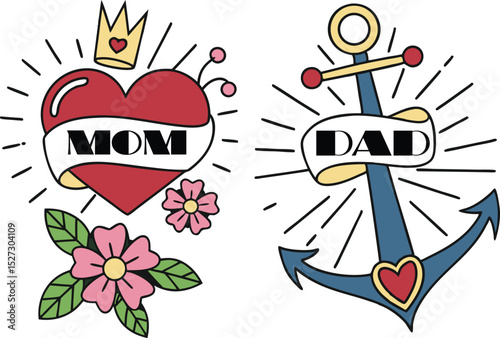 Mom and Dad Tattoo Style Illustration with Heart Anchor and Flowers