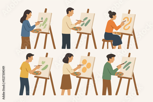 Vector Set Artists painting canvas, creative hobby group activity