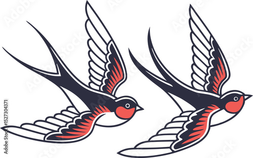 Two Traditional Tattoo Style Swallows Flying on a White Background