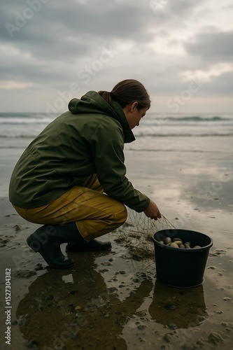 A woman crouches on a wet beach collecting clams at low tide. Wearing waterproof gear, her face unseen, with a bucket beside her. Overcast sky and ocean waves in the background. 4K photo, unbranded.