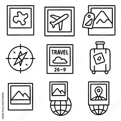 Travel Polaroid Frame Icons – Black & White Outline Vector for Wanderlust Projects