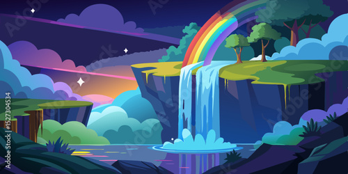  illustration of glowing fantasy waterfall cascading from rainbow cliff  