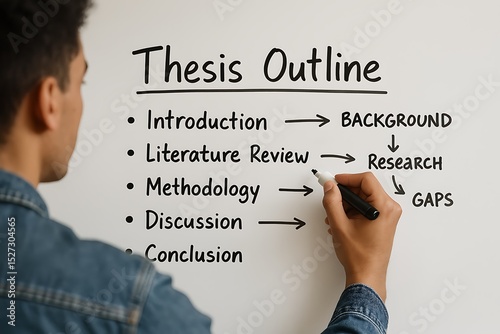 A person writes a thesis outline that includes introduction, literature review and conclusion.