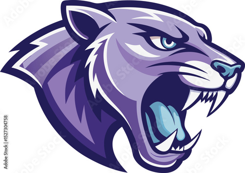 Purple Panther Mascot Roaring Aggressively with Sharp Teeth and Fierce Expression