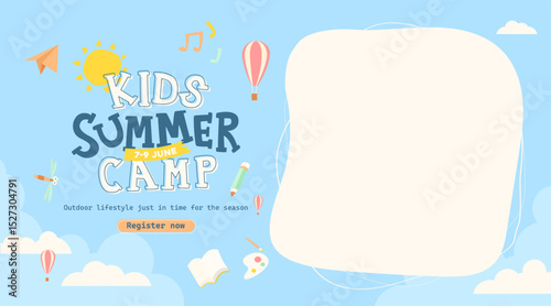Colorful kids summer camp poster in cartoon style with copy space for custom text and creative activity theme