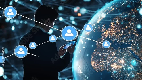 Business professional using smartphone to connect globally, with a digital world map in the background