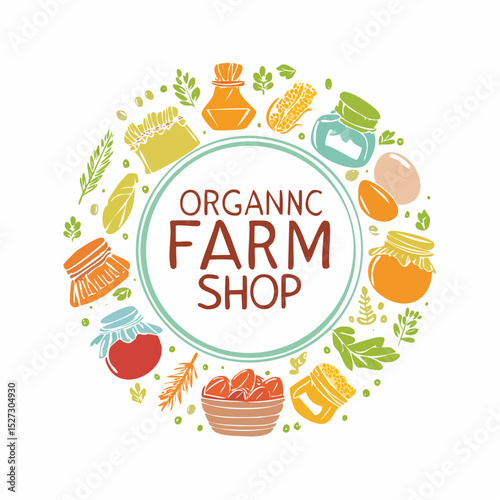 Farm shop logo illustration with egg, jar, honey, and fruit, designed in simple, clean, handcrafted style.