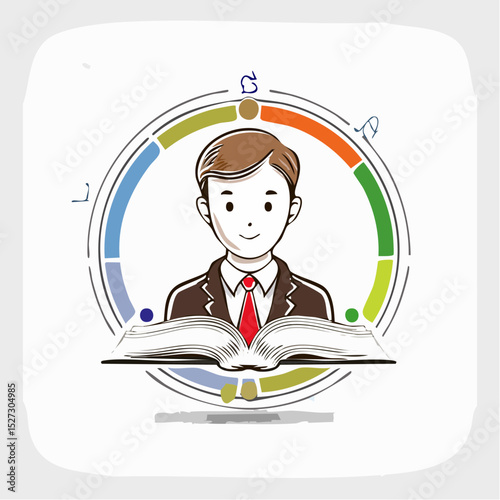 Education logo with student figure holding book, styled with academic element and circular layout.