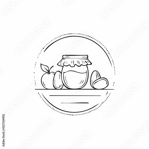 Farm shop logo illustration with egg, jar, honey, and fruit, designed in simple, clean, handcrafted style.