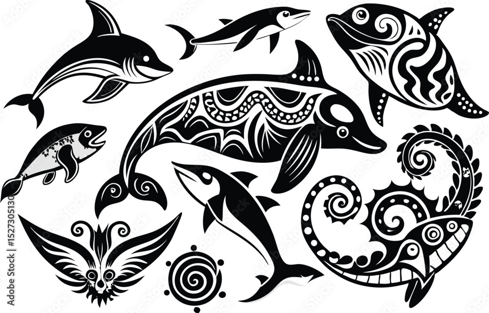 Fototapeta premium Collection of Black and White Tribal Fish and Sea Mammal Illustrations