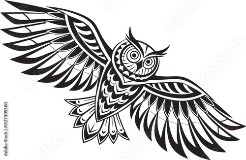 Stylized Owl in Flight with Intricate Black and White Tribal Design