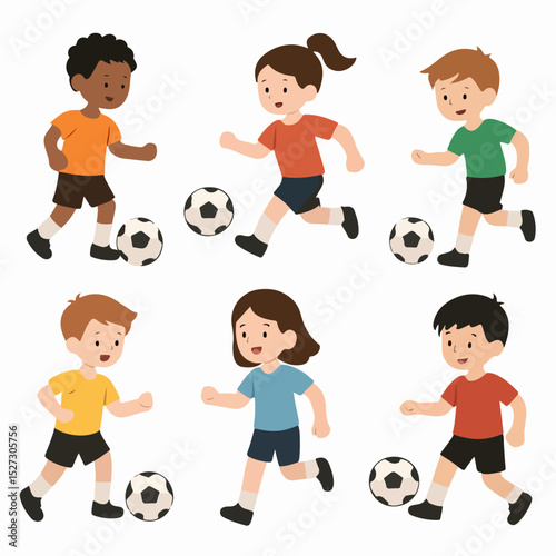 Vector Set Kids playing soccer football activity 