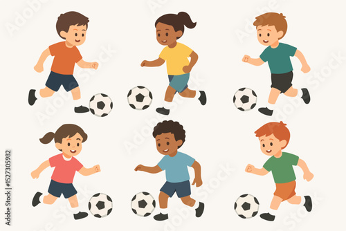 Vector Set Kids playing soccer football activity 