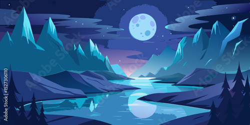  illustration of moonlight reflecting off fantasy mountain river