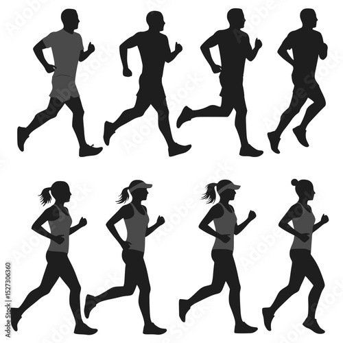 Running men and women, isolated vector silhouettes. Run, side view. Silhouettes of athletic looking male and female runners running. JPEG version.