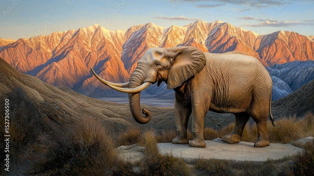 Fototapeta premium Elephant in Warm Lighting Near Majestic Mountain Range