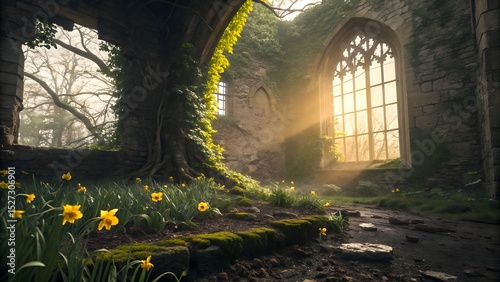 Sunlit ruins of an ancient stone church overgrown with nature and daffodils