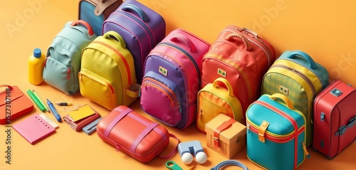 Isometric view of colorful kids' backpacks, school supplies, and travel luggage , bags, schoolbag