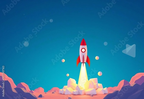 Isometric illustration of a rocket launching, symbolizing a successful startup, momentum, ambition