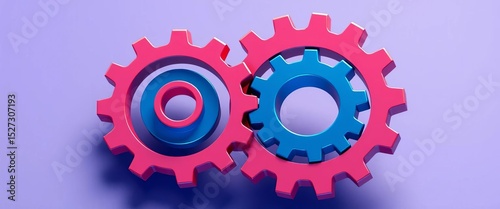 Isometric illustration of two gears interlocked, symbolizing collaboration and synergy,  integration,  illustration