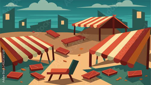 A deserted market square with overturned tables and dismantled awnings symbolizes the devastating effects of economic collapse on a community.. Vector illustration
