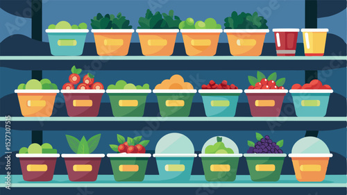 A shortage of prepackaged salads and fruit with only a few remaining containers hastily p on a nearly shelf.. Vector illustration