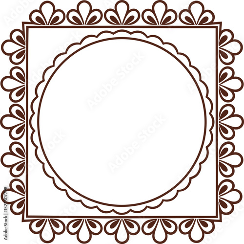 Ornamented Brown Border with Square and Circular Center on White Layout