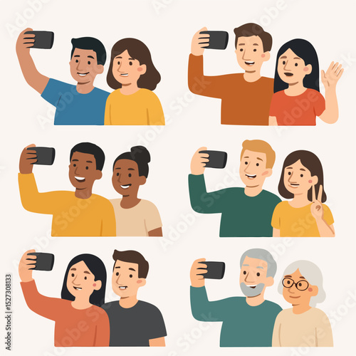 Vector Set People taking selfie with smartphone in flat style