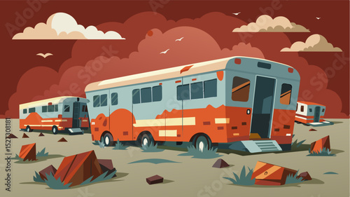 A group of abandoned livestock trailers sit empty and forgotten in the corner of the property. The metal is rusted and the windows are shattered a sad reminder of the life that. Vector illustration