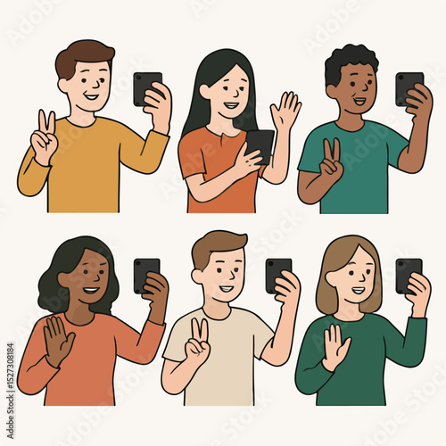 Vector Set People taking selfie with smartphone in flat style
