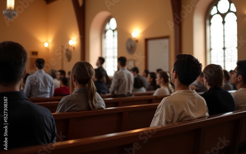 Group of people sitting in church pews listening to sermon. High quality