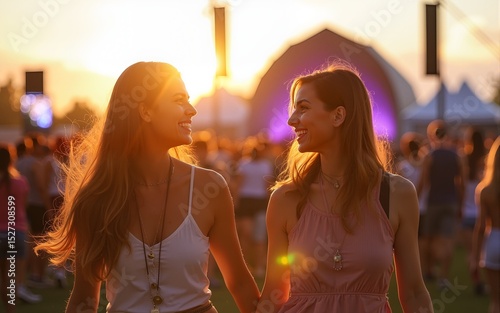 Friends walking and laughing together at music festival. High quality