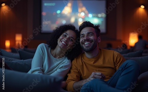 Happy couple enjoying movie night together. High quality
