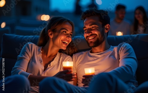 Happy couple enjoying movie night together. High quality