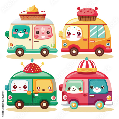 Cute cartoon van food trucks