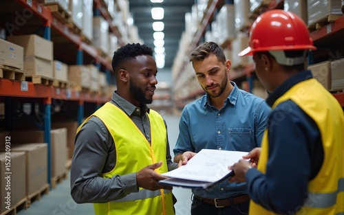Diverse warehouse staff reviewing inventory data with technology support. High quality