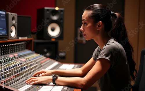 Hispanic woman sound engineer working at mixing panel in a music studio. High quality