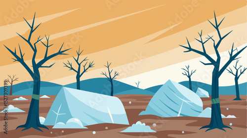 A scene of devastation as plastic sheets cling closely to dead plants revealing the farmers futile efforts to protect them from harsh weather.. Vector illustration
