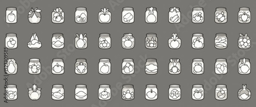 a grid of 50 distinct icons illustrating various canned food items