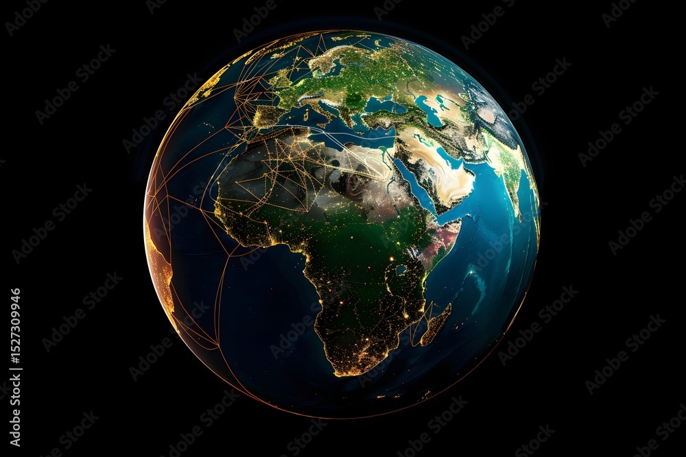 Fototapeta premium realistic Earth globe with glowing digital data streams and network connections across continents, high-tech global communication, dark background 