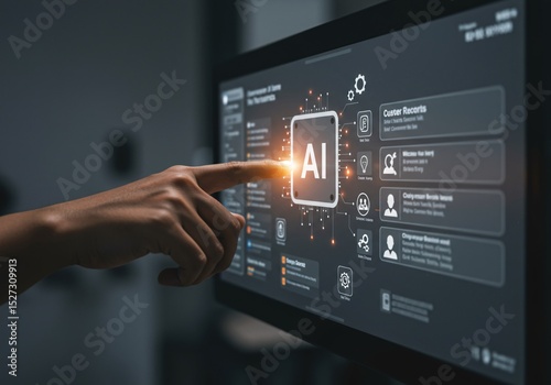 Finger taps AI interface, futuristic technology.